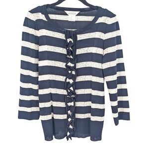 Misook Cardigan Womens Small Navy White Striped Ruffle Front Nautical Office